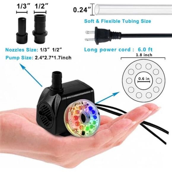 10Watt 160GPH Submersible Fountain Pump with Automatic Color Changing LED Light - Picture 4 of 7